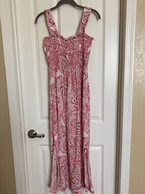 Calvin Klein Maxi Dress Sleeveless Smocked Top Paisley Pink Cream Size S